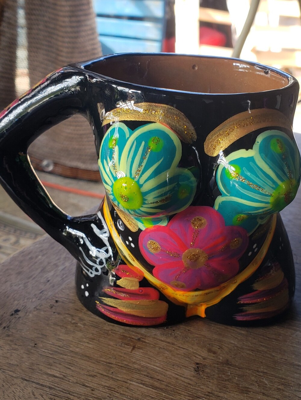 Hand-Painted Floral Ceramic Mug - Black with Teal & Pink Flowers